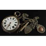 A silver pocket watch, the enamel dial stamped Improved Patent English Lever, a plated watch chain