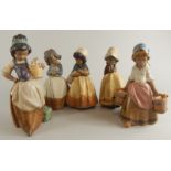 A set of five similar Lladro stoneware type figures, each depicting ladies, to include one holding a