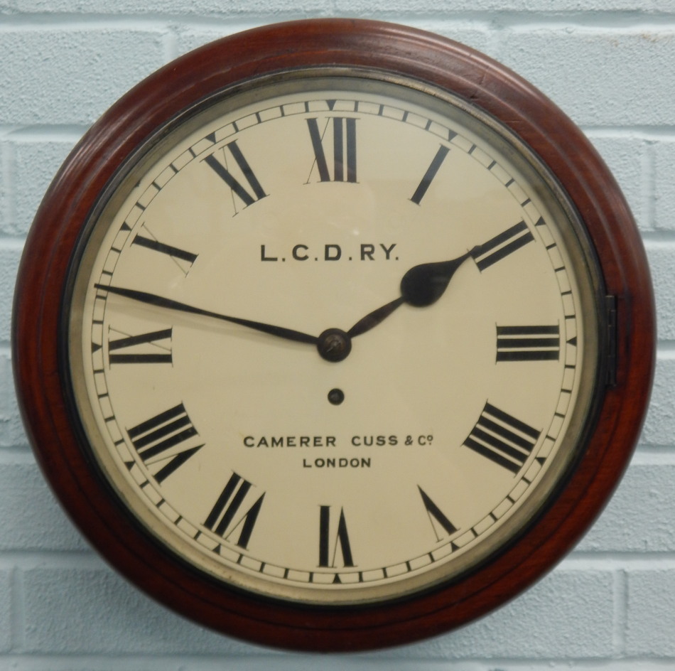 A late 19th/early 20thC railway wall clock, the white dial painted with initials L.C.D.R.Y., Camerer