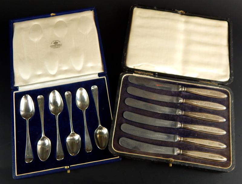 A set of six associated 18thC silver Old English pattern teaspoons, some bearing maker's mark SA and