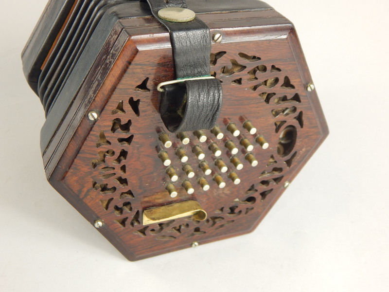 A 19thC rosewood concertina or squeeze box, with twenty four buttons or keys to each end, no visible - Image 2 of 4