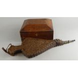 A pair of early 20thC oak Arts and Crafts style fire bellows, with metal and a leather top, main