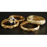 Four dress rings, to include three 9ct gold dress rings and a gold plated example, each stone set.