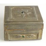 An early 20thC oak lined Tudric style pewter casket, of rounded square outline centred by a polished
