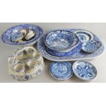 A collection of 19thC and later blue and white printed ceramics, to include meat dish, plates, egg