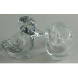 Two pieces of Sevres glass, a duck shaped bowl and similar owl, 12cm high.