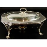 A silver plated canted rectangular warming entree dish and cover, with a reeded handle, the base