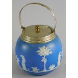 A Dudson Brothers Jasperware biscuit barrel, with silver plated mount, 22cm high.