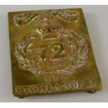 A brass shoulder badge, for the 72nd Own Highland Regiment, latterly the 1st Battalion Seaforth