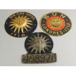 Sun Fire office number plate no. 58976, 16cm wide, a reproduction 1710 tin example and another. (3)