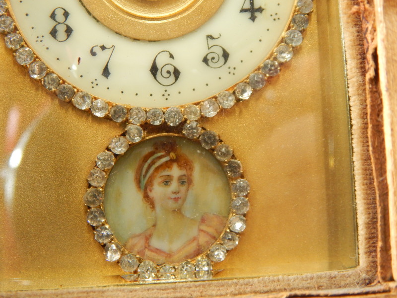 A late 19th/early 20thC French brass carriage clock, with a circular paste set and enamel dial above - Image 6 of 6