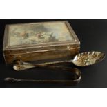 A collection of silver, to include a cigarette box, the lid inset with a hunting scene, a pair of