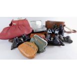 A quantity of purses, a hunting and sandwich box, binoculars, field glasses, etc.