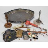 Miscellaneous items, to include a whip, a fly spray gun, Art Deco style lamp base, galleried oval