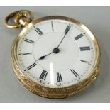 A late 19th/early 20thC Continental yellow metal fob watch, the white dial with Roman numerals,