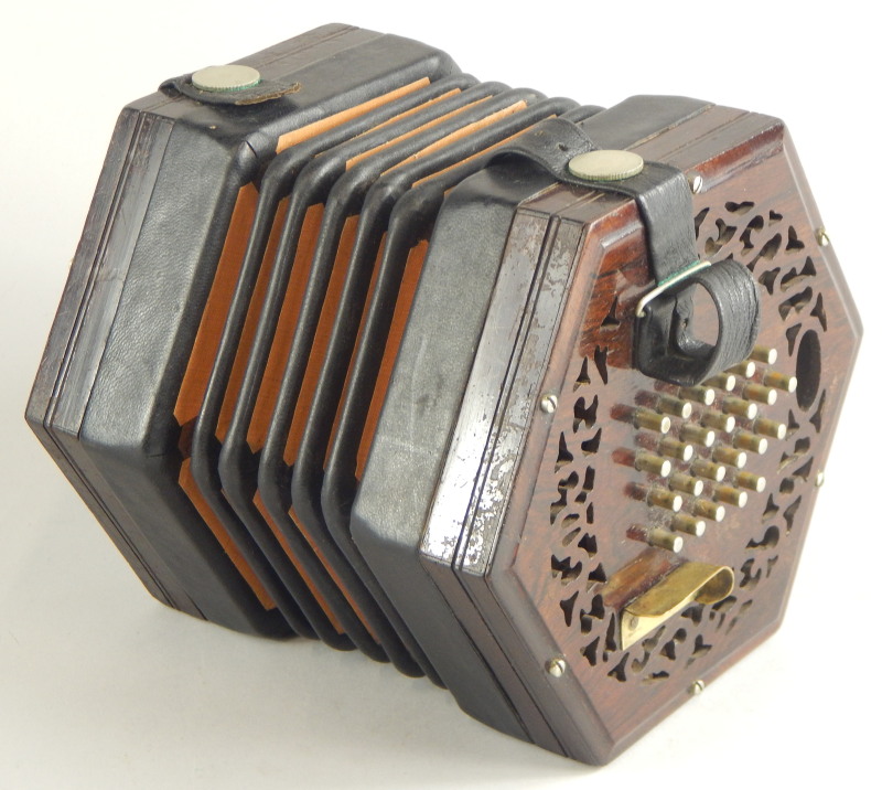 A 19thC rosewood concertina or squeeze box, with twenty four buttons or keys to each end, no visible