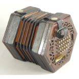 A 19thC rosewood concertina or squeeze box, with twenty four buttons or keys to each end, no visible