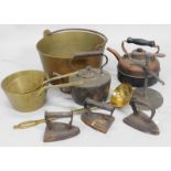 Miscellaneous items, brass and metalware to include two pans, kettle, etc.