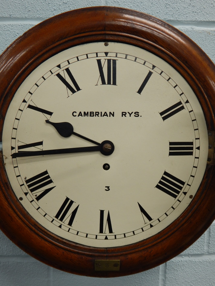 A late 19thC oak railway wall clock, the dial painted with the inscription Cambrian R.Y.S. and the - Image 2 of 3