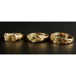 Three 9ct gold dress rings, each of varying design, 4.2g.