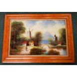 A Victorian painting on glass, depicting a rural scene with church, etc., in a maple frame, image