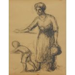 Maximilien Luce (1858-1941). Femme au seau et enfant, drawing, signed, 28cm x 20cm. Label verso.