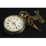 A silver fob watch, in white enamel dial, with gold motifs, key wind, on a silver plated chain.