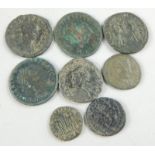 Eight Roman and Roman style coins, to include pieces stamped for the Emperors Maximianus, Antonius