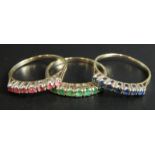 Three dress rings, set with green, red and blue stones, white metal, unmarked, 5.7g all in.