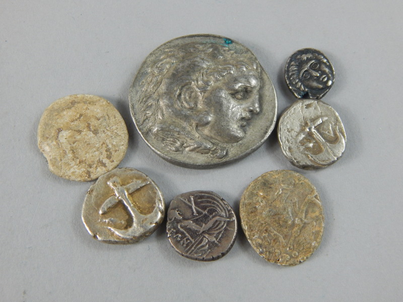 A collection of Greek white metal coins, to include a silver Drachm, cast with the Gorgonian head, - Image 2 of 2