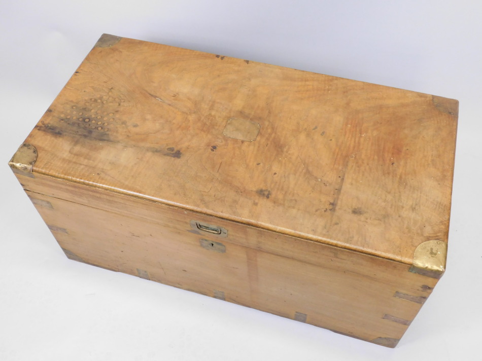 A 19thC camphorwood military campaign type chest, with brass corners, sunken handles, lacking - Image 2 of 2