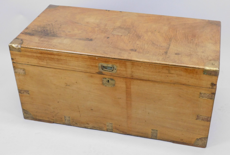 A 19thC camphorwood military campaign type chest, with brass corners, sunken handles, lacking