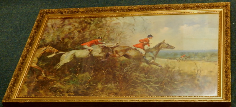 After Michael Lyne. Away, huntsman jumping a hedge, coloured print, 60cm x 90cm.
