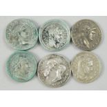 Six replica Roman coins, to include Agrippina Junior and Nero, Marcus Salvias, Hadrian etc.