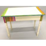 A Victorian pine side table, later painted, on turned legs, 87cm wide.