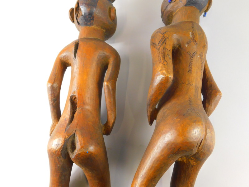 Tribal Art. A pair of early 20thC African fertility type figures, the female figure with earrings - Image 5 of 5