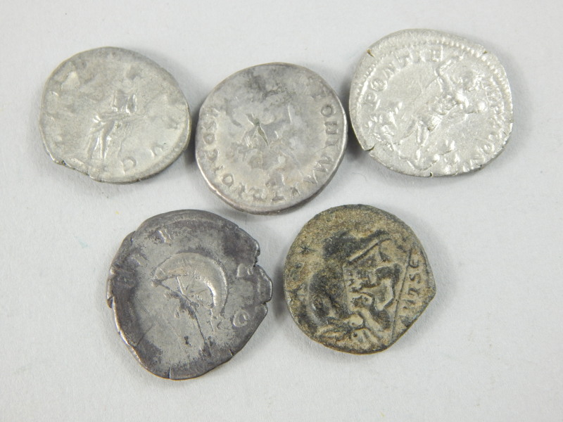 Five Roman and Roman style coins, to include two from the reign of Hadrian, 117-138AD etc. - Image 2 of 2