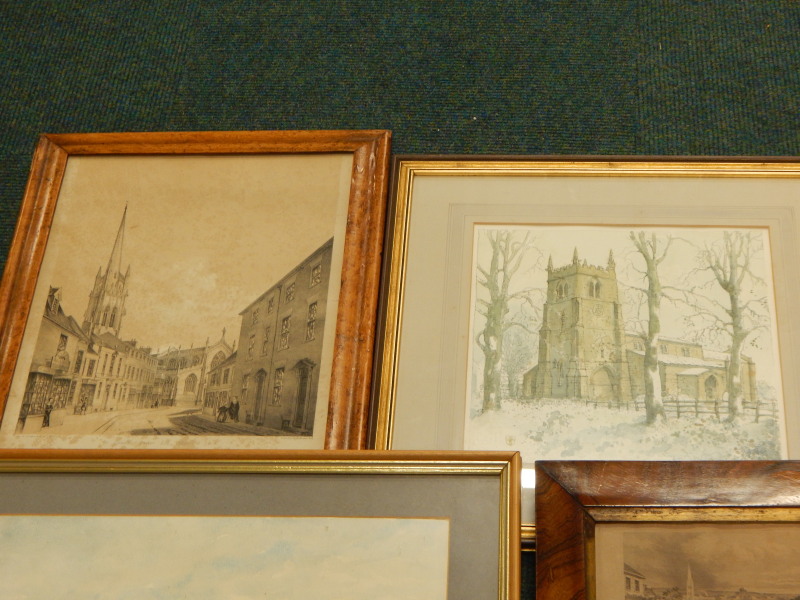 Three 19thC engravings of Louth, a watercolour of Nettleham Parish Church by J B Horner etc. - Image 3 of 4