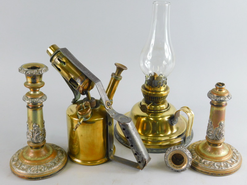 Various metalware, blow lamp, 24cm high, telescopic candlesticks, and a taper stick. (a quantity) (