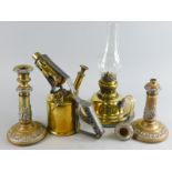 Various metalware, blow lamp, 24cm high, telescopic candlesticks, and a taper stick. (a quantity) (