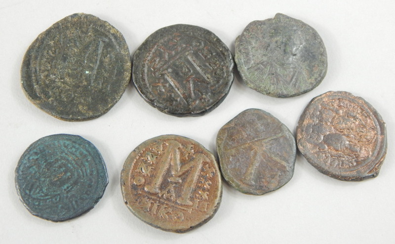 Seven Byzantine Follis style coins, bearing the bust of Justinian I and II etc. - Image 2 of 2