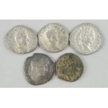 Five Roman and Roman style coins, to include two from the reign of Hadrian, 117-138AD etc.