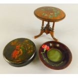 Various items, to include a miniature walnut breakfast table, painted with leaves, a papier maché