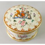 A Samson porcelain box and cover, decorated with a crest, flowers etc., in Chinese Canton style,