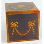 A Sheraton Revival mahogany and boxwood single tea caddy, of square outline, with garland and floral