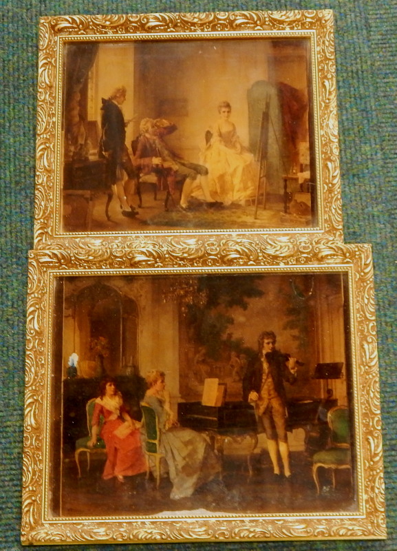 Two similar early 20thC crystoleums, each depicting similar 18thC French style interiors, in later