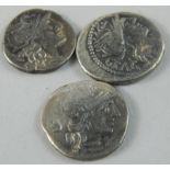 Three Roman Republic silver denarius, one decorated with the helmeted head of Roma, the reverse with