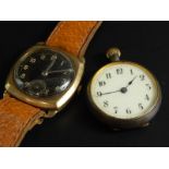 A gent's wristwatch and a fob watch, the wristwatch with square dial, on black back, seconds dial,