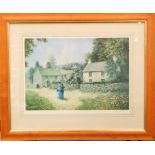 After William Chamberlain. Country scene with cottages, figures, etc, artist signed coloured