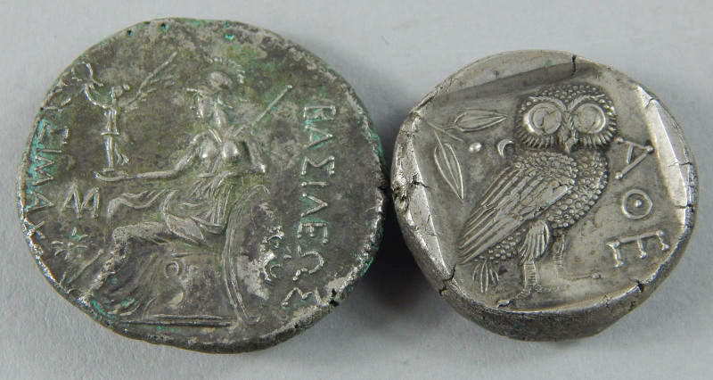Two silver Tetradrachm, to include one with the helmeted head of Athena.